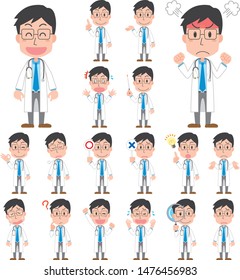 A set of facial expressions of a doctor wearing a white coat