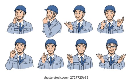 Conjunto de expresiones faciales y gestos de un trabajador de la construcción mayor que lleva un uniforme azul y casco de seguridad.