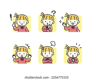 A set of facial expressions and gestures of a little girl.