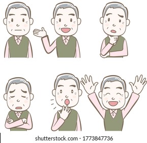Set of facial expressions and gestures,Elderly people,plain clothes,A