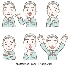 Set of facial expressions and gestures,senior in workwear