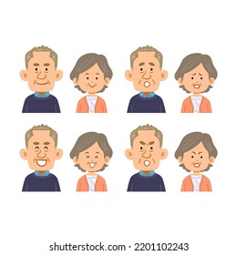 A set of facial expressions of a long-faced male and female senior couple