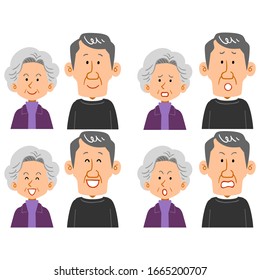 Set of facial expressions of long-haired male and gray-haired female elderly couple