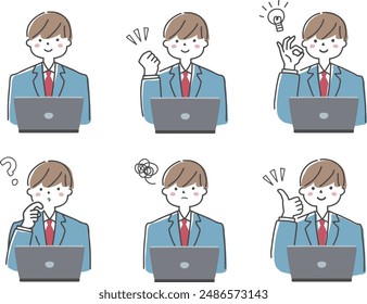 A set of facial expressions of a male student doing research on a computer