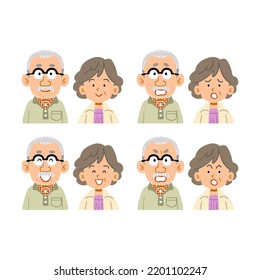 A Set Of Facial Expressions Of A Man Wearing Glasses And A Senior Female Couple