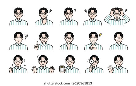 A set of facial expressions of a middle-aged man wearing glasses
