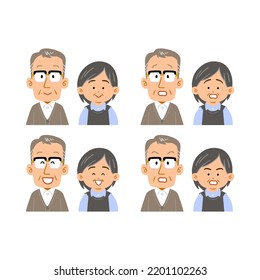 A set of facial expressions of a senior couple of a man wearing glasses and a plump woman
