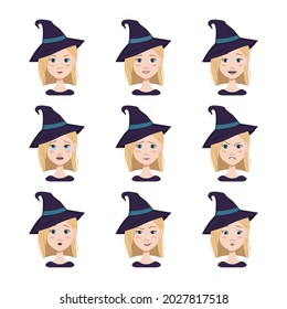 Set of facial expressions of a woman with blonde hair and blue eyes wearing a pointed witch hat. Different female emotions. Attractive cartoon character for Halloween fall holiday in costume