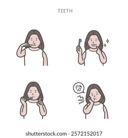 Set of facial expressions of a woman brushing her teeth