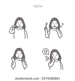 Set of facial expressions of a woman brushing her teeth