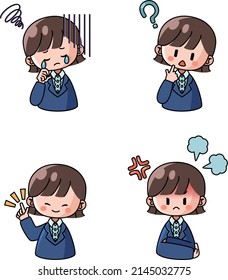 Set of facial expressions of a woman in a suit