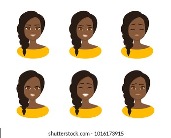 Set facial expressions of Young african  business woman wearing yellow costume. Black  Woman Face. Vector illustration isolated from white background