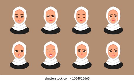 Set Facial expressions Young Arabic business woman wearing white hijab. Moslem Girl Face Covered with scarf. Vector illustration isolated from white background