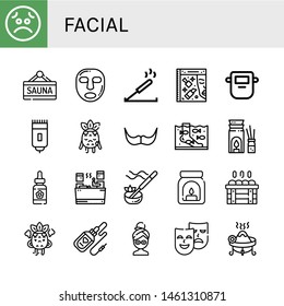 Set of facial icons such as Sad, Sauna, Facial mask, Incense, Beauty, Mask, Shaver, Moustache, Fish therapy, Aromatherapy, Serum, Aroma, Angry, Masks , facial