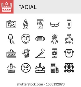 Set of facial icons. Such as Sauna, Fish therapy, Facial mask, Face cream, Moustache, Shaver, Mask, Sad, Incense, Facial treatment, Face id, Massage, Aromatherapy , icons
