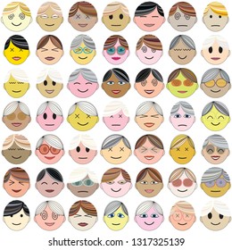 A set of facial images with various shapes and expressions. Vector illustration.