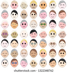 A set of facial images with various styles and expressions. Vector illustration.