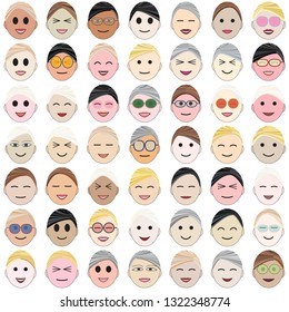 A set of facial images with various styles and expressions. Vector illustration.
