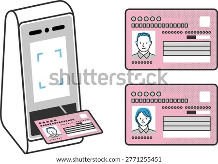 Set of facial recognition card reader and My Number health insurance cards for men and women used for identity verification at medical institutions, suitable for healthcare, security and digital authentication concepts.