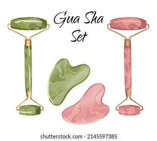 Un juego de un rodillo facial y un rascacielos de sha en jade verde y cuarzo de rosa. Ilustración vectorial aislada.