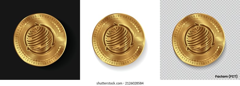 Set of Factom FCT crypto currency logo symbol vector isolated on white, dark and transparent background. Can be used as golden coin sticker, icon, label, badge, print design and emblem