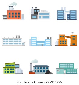 Set of factories. Industrial building factory. Collection of industry manufactory building. Vector illustration.