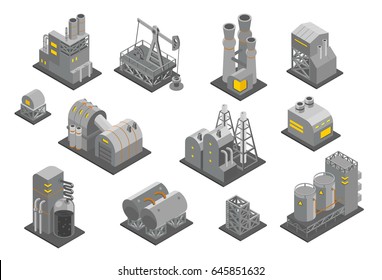 Set factories plant Isometry vector illustration. Oil Industrial production factory