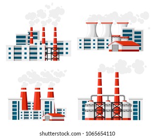 Set of factories with smoke pipes. Environmental pollution problem. Earth factory pollute with carbon gas.Vector flat illustration. Vector illustration isolated on white background.