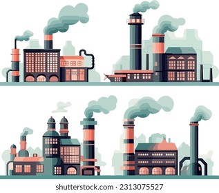 Set of factories in with stylized smoke emanating from the chimneys, industrial landscape in a modern flat style