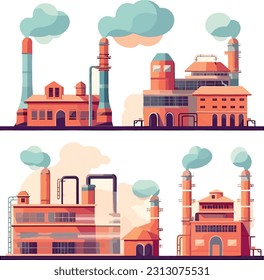 Set of factories in with stylized smoke emanating from the chimneys, industrial landscape in a modern flat style