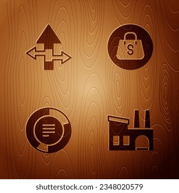 Set Factory, Arrow, Pie chart infographic and Shopping bag with Sale on wooden background. Vector