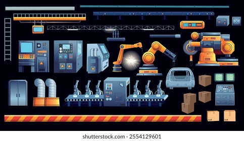 Set of factory. Factory background for game. Factory manufacturing industrial line. High tech machinery. Vector illustration.