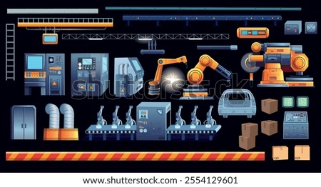 Set of factory. Factory background for game. Factory manufacturing industrial line. High tech machinery. Vector illustration.