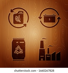 Set Factory, Bio fuel canister, Can with recycle symbol and can and Battery with recycle symbol on wooden background. Vector