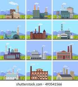 Set of factory building banners. Factory building with pipes on nature mountain landscape. Industrial plant with pipes. Plant with smoking chimneys. Ecological production, air pollution concept