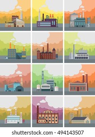 Set of factory building banners. Factory building with pipes on urban landscape. Industrial plant with pipes. Plant with smoking chimneys. Ecological production, air pollution concept. Free space.