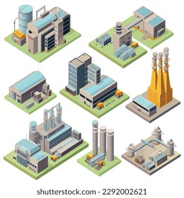 Set of factory buildings isometric vector 