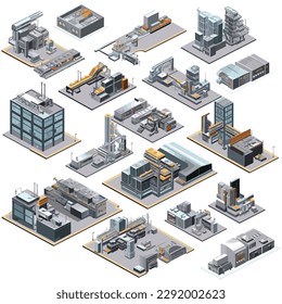 Set of factory buildings isometric vector 