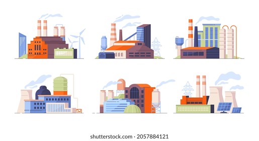 Set of factory buildings. Power plants with devices for generating energy. Various ways of obtaining energy resources and electricity. Cartoon flat vector collection isolated on white background