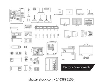 Set of factory components, machines and computer outline vector illustration