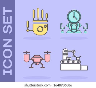 Set Factory conveyor system belt, Mechanical robot hand, Drone flying with action camera and Robot and digital time manager icon. Vector