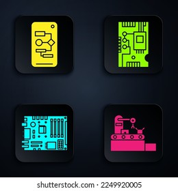 Set Factory conveyor system belt, Algorithm, Electronic computer components motherboard digital chip and Electronic computer components motherboard digital chip. Black square button. Vector