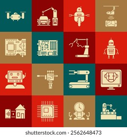 Set Factory conveyor system belt, Printed circuit PCB, Drone flying with action camera and Industrial machine robotic robot arm hand factory icon. Vector
