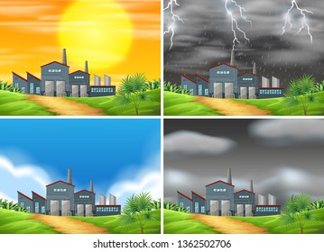 Set of factory in different weather illustration