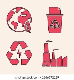 Set Factory, Earth globe and leaf, Recycle bin with recycle symbol and Battery with recycle symbol icon. Vector