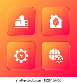 Set Factory, Eco friendly house, Gear and lightning and Planet earth recycling icon. Vector.