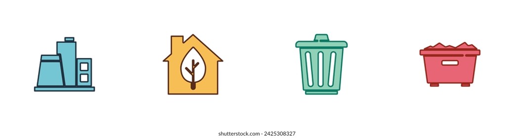 Set Factory, Eco friendly house, Trash can and  icon. Vector