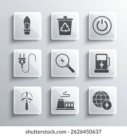 Set Factory, Global energy power planet, Electric car charging station, Lightning bolt, Wind turbine, plug, bulb and Power button icon. Vector