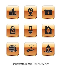 Set Factory, Global warming, Lightning bolt, LED light bulb, Paper bag with recycle, Car battery, Water energy and Recycle icon. Vector