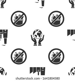 Set Factory, Human hands holding Earth globe and No trash on seamless pattern. Vector